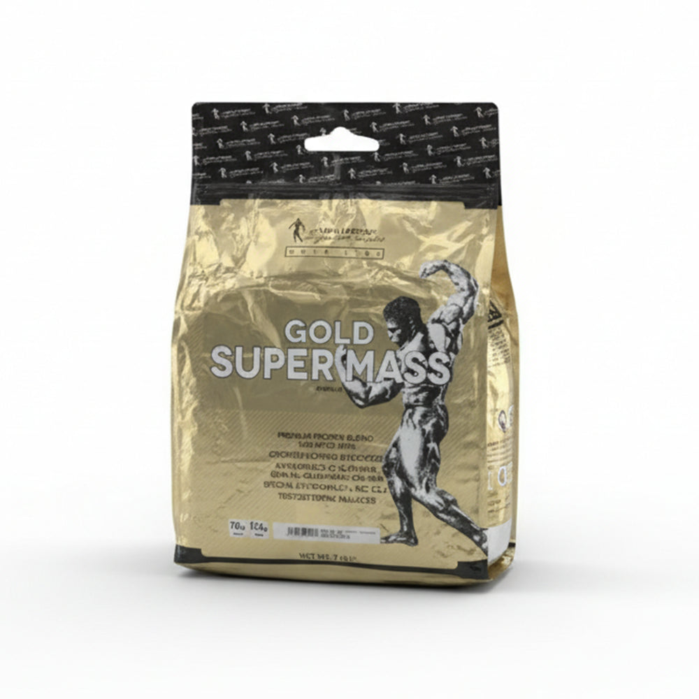 Gold SuperMass supplement package with a muscular figure on a white background
