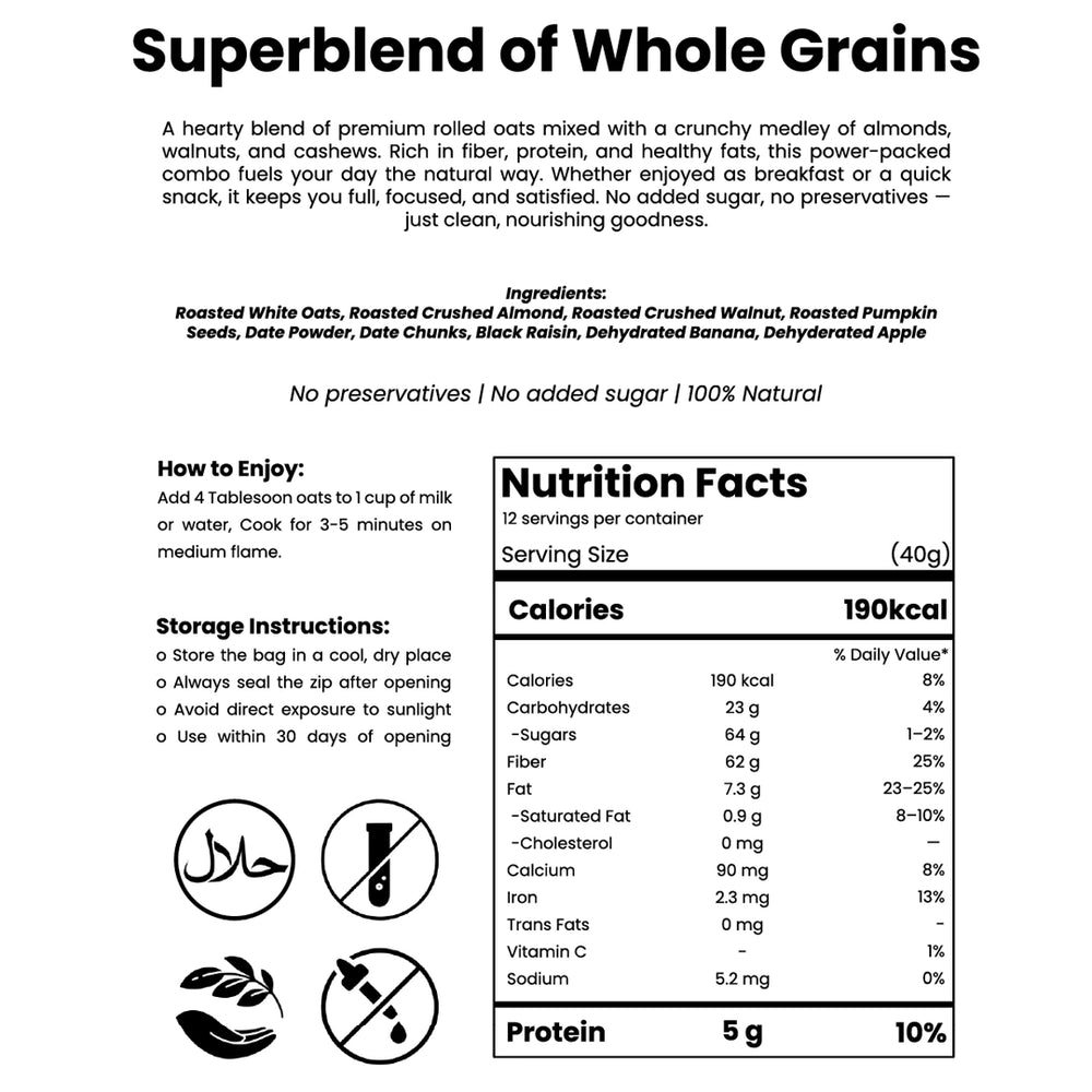 Nutritional information label for Khalis OATS +NUTS, highlighting high fiber, protein, and zero added sugar.