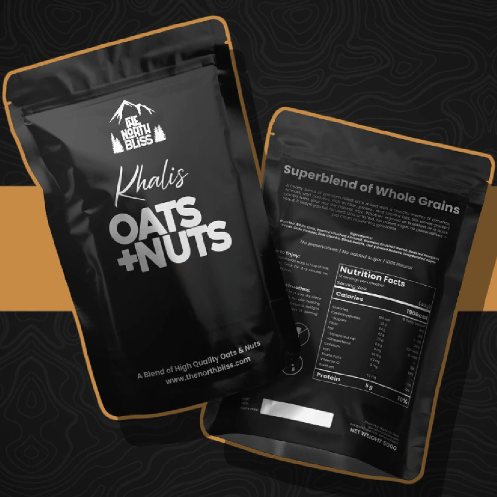 Front view of Khalis OATS +NUTS pack showing 100% natural oats, nuts, and dried fruits mix with no added sugar.