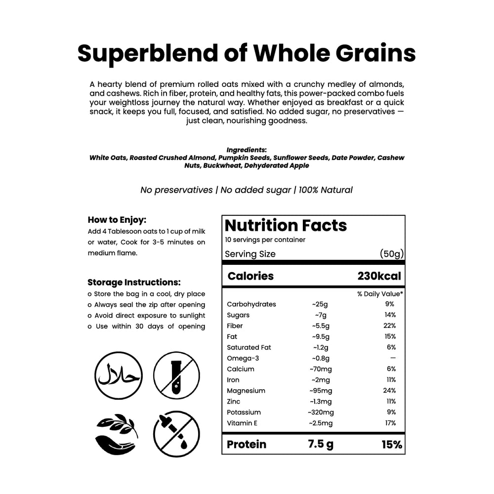 Nutritional facts label for Khalis OATS S + NUTS, showing fiber, protein, and natural ingredients with no added sugar.