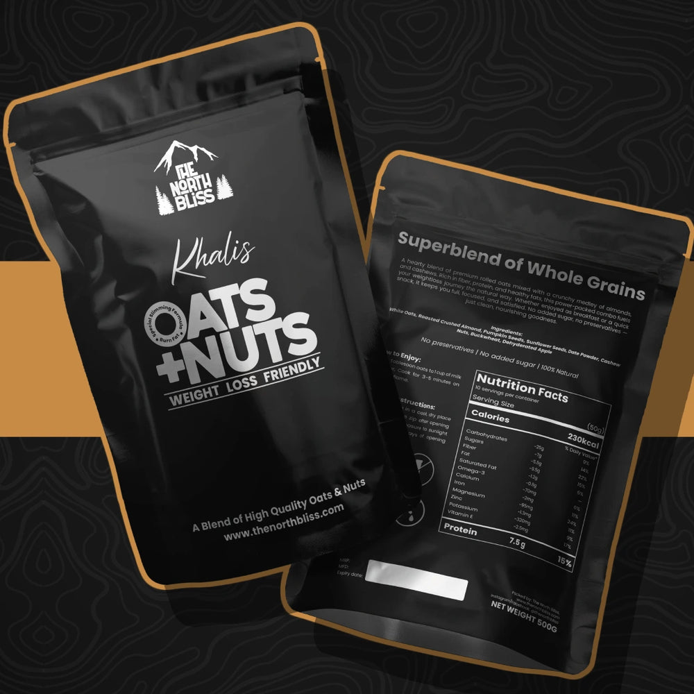 Front view of Khalis OATS S + NUTS weight loss friendly oats blend pack with oats, almonds, and seeds shown.