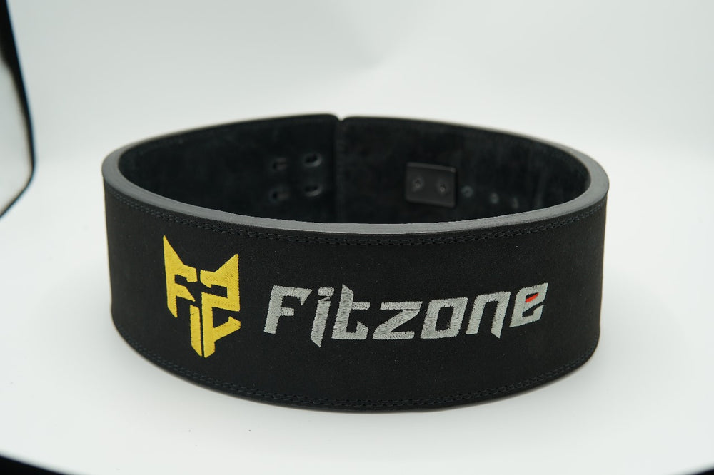 Black weightlifting belt with Fitzone logo on a white background