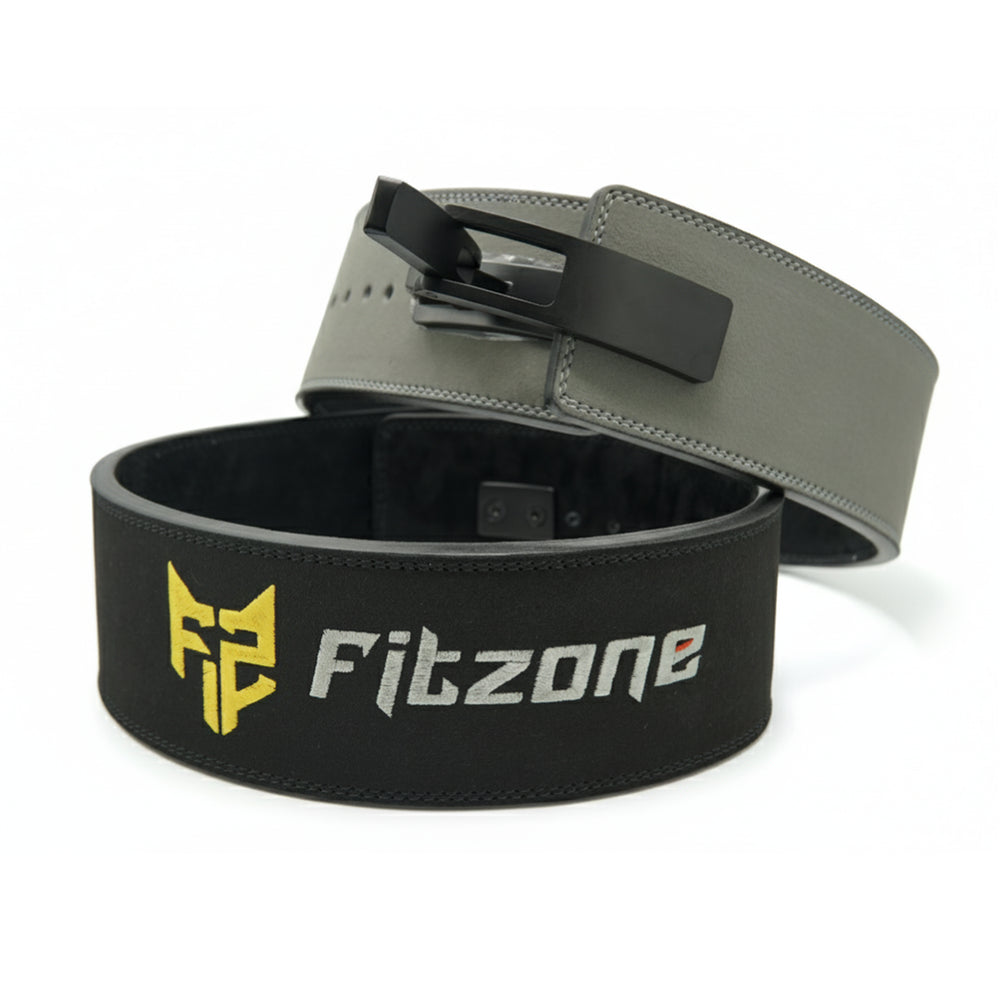 Gray and black weightlifting belt with 'Fitzone' branding on a white background