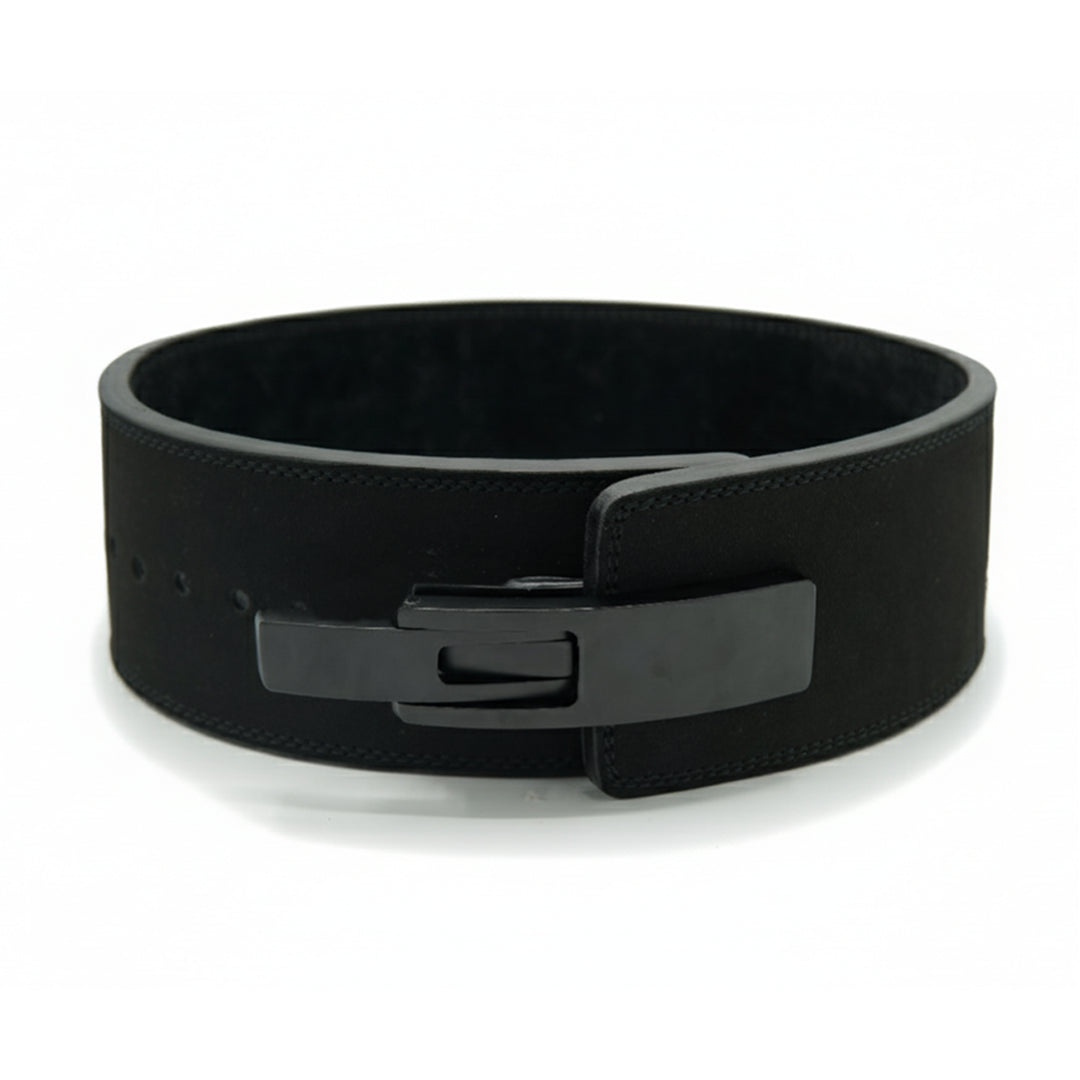 Black leather belt with a silver buckle on a white background