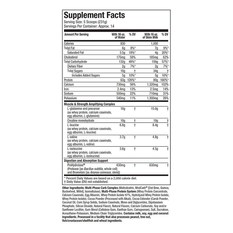 Mass Tech Elite nutritional label showing calories, protein, carbs, and servings per scoop