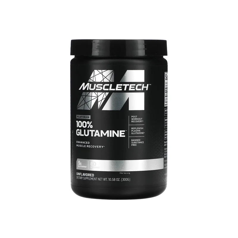 A container of MuscleTech Platinum 100% Glutamine, which is a dietary supplement designed for muscle metabolism and recovery.