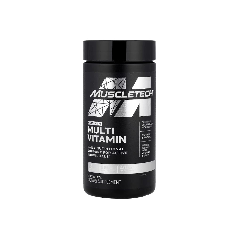 A container of MuscleTech Platinum Multivitamin with 180 tabs. The packaging is predominantly black and white with product branding and information displayed.