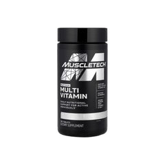 A container of MuscleTech Platinum Multivitamin with 180 tabs. The packaging is predominantly black and white with product branding and information displayed.