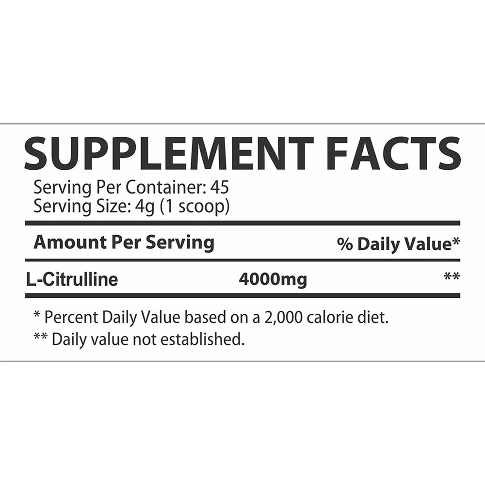 Supplement facts of Muscle Rulz Citrulline 4000mg including serving size, purity, and ingredients