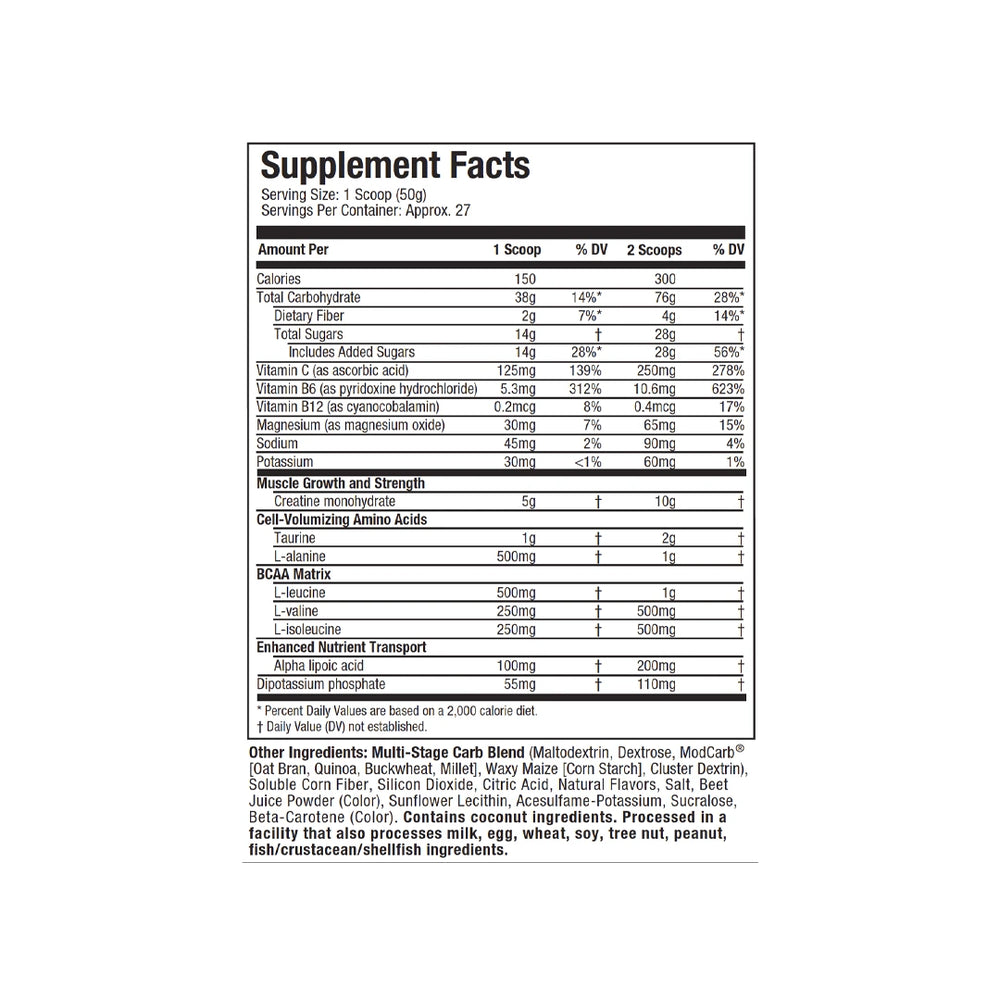 Supplement facts for Muscletech Cell Tech Creatine 3 lbs, showcasing key ingredients like creatine monohydrate, taurine, and BCAAs for muscle performance and recovery
