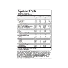 Supplement facts for Muscletech Cell Tech Creatine 3 lbs, showcasing key ingredients like creatine monohydrate, taurine, and BCAAs for muscle performance and recovery