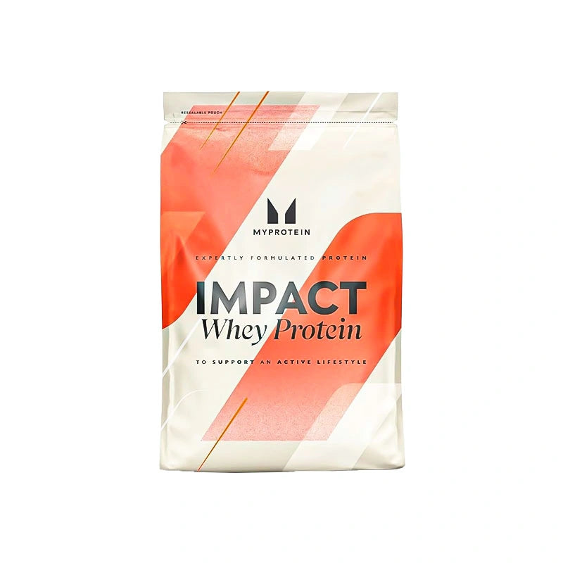 A sealed pouch of MyProtein Impact Whey Protein with the brand's logo and the product name prominently displayed. The packaging is predominantly white and orange with a geometric design.