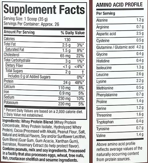 Nutrition label of MuscleTech Nitro Tech Whey Gold 2 lbs Limited Edition showing protein per serving, BCAAs, and amino acid profile