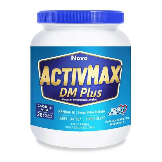 Nova ACTIVMAX DM Plus 850g container, a nutritional drink designed for diabetics with blood sugar management and energy-boosting features.