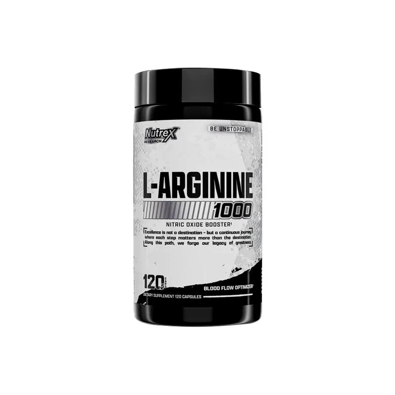 Nutrex Research L-Arginine supplement 120 capsules bottle for nitric oxide, muscle pump, and improved blood flow support