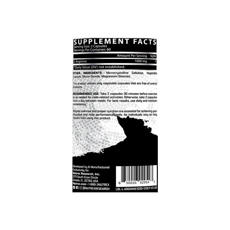 Supplement facts label of Nutrex L-Arginine 120 capsules showing 1000mg L-Arginine per serving for nitric oxide and performance support