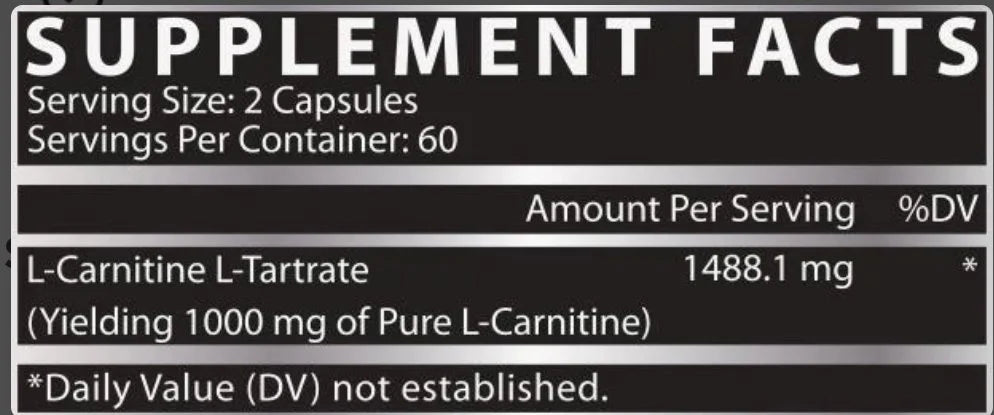 Supplement facts of Nutrex Research L-Carnitine 1000 showing L-carnitine dosage per serving for fat burning and energy support