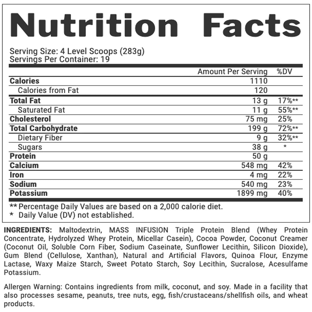 Nutrition facts of Nutrex Mass Infusion 12 lbs mass gainer supplement with calories, protein, and carbs per serving