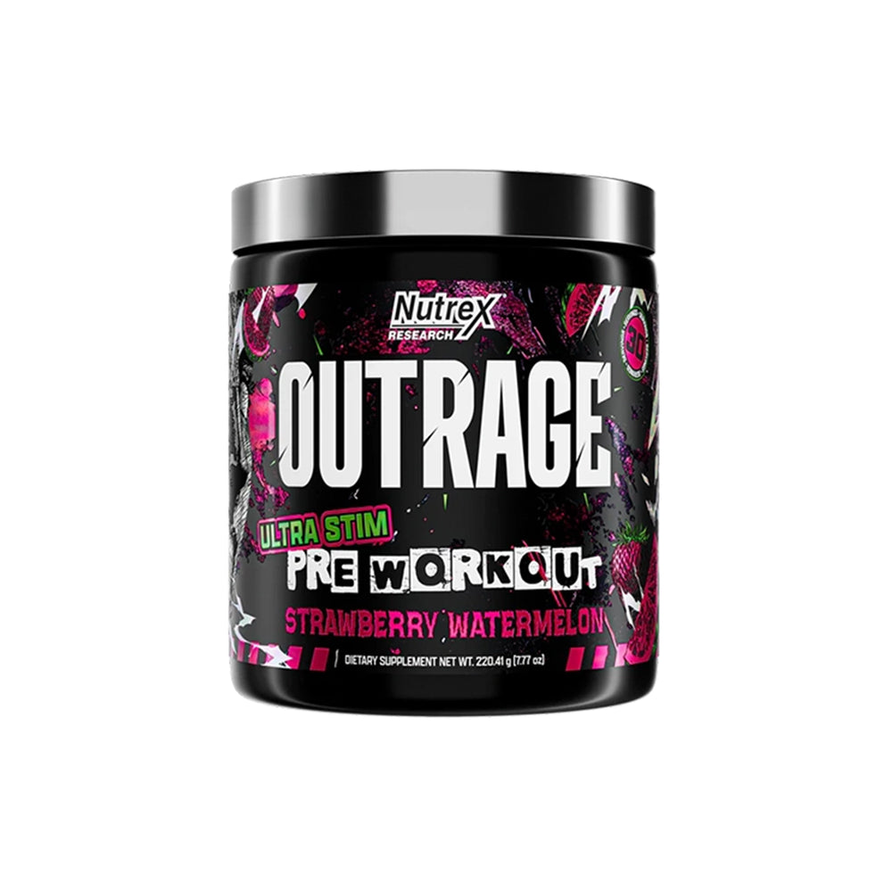 Nutrex Outrage pre-workout supplement container on a white background