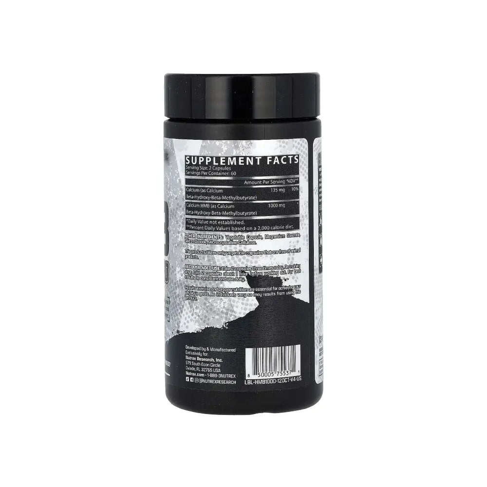 Supplement facts of Nutrex Research HMB 1000 Lean Muscle Builder 120 Caps at Fitzone.pk