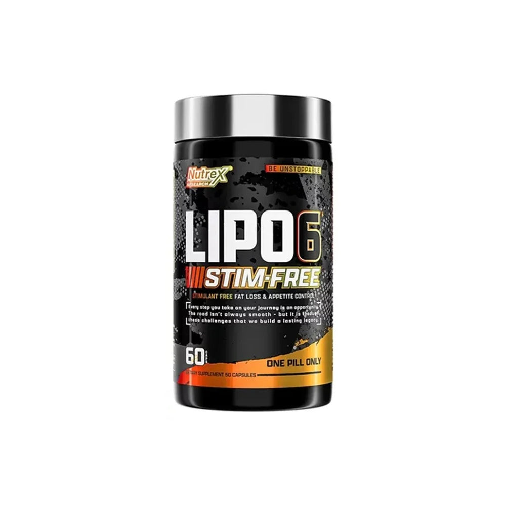 Nutrex Research Lipo 6 Black Stim Free fat burner 60 capsules for weight loss, metabolism support, and appetite control, caffeine-free formula.