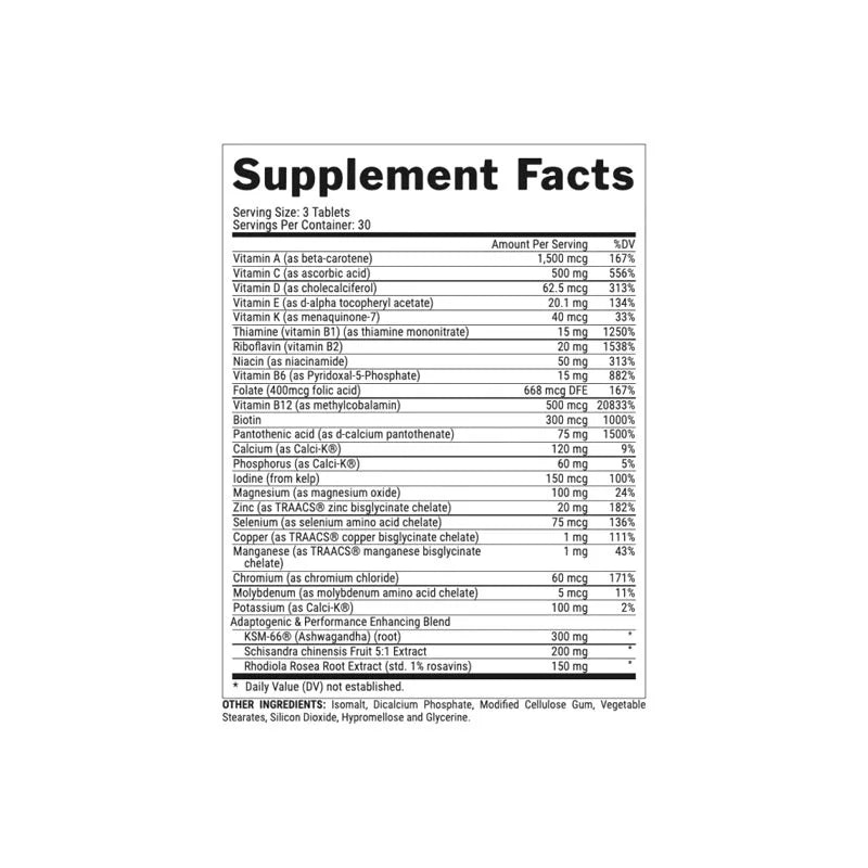 Nutritional facts of Nutrex VITADAPT Complete 90 Capsules showing vitamins, minerals, KSM-66 Ashwagandha, BioPerine, and daily values for athletes