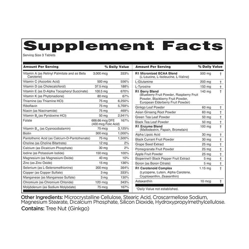 Supplement facts for Rule 1 Men's Train Daily Multivitamin