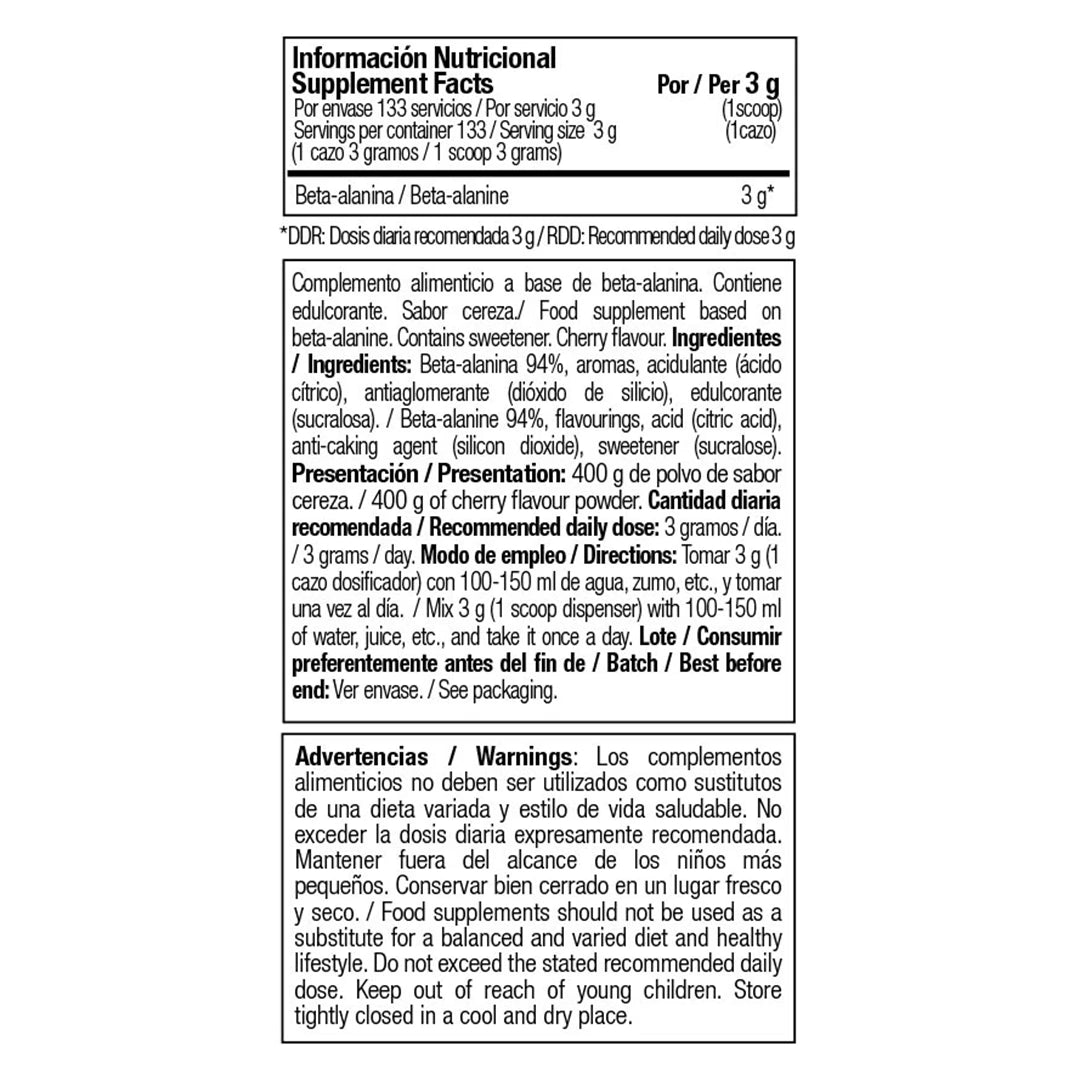 Detailed supplement facts of ONE RAW Beta Alanine 400 g available at Fitzone.pk