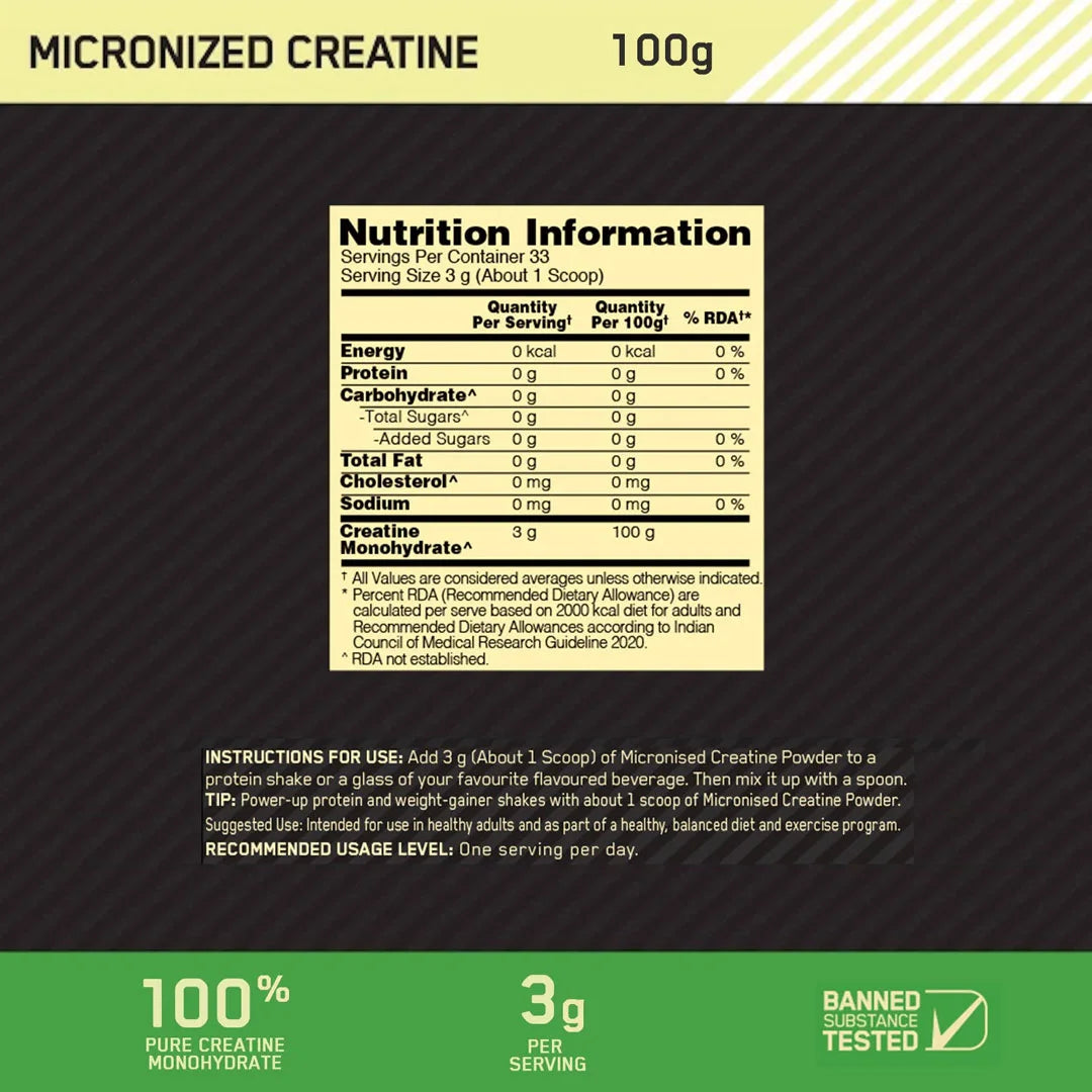 Supplement facts and ingredients of Optimum Nutrition Micronized Creatine Powder 60 Servings