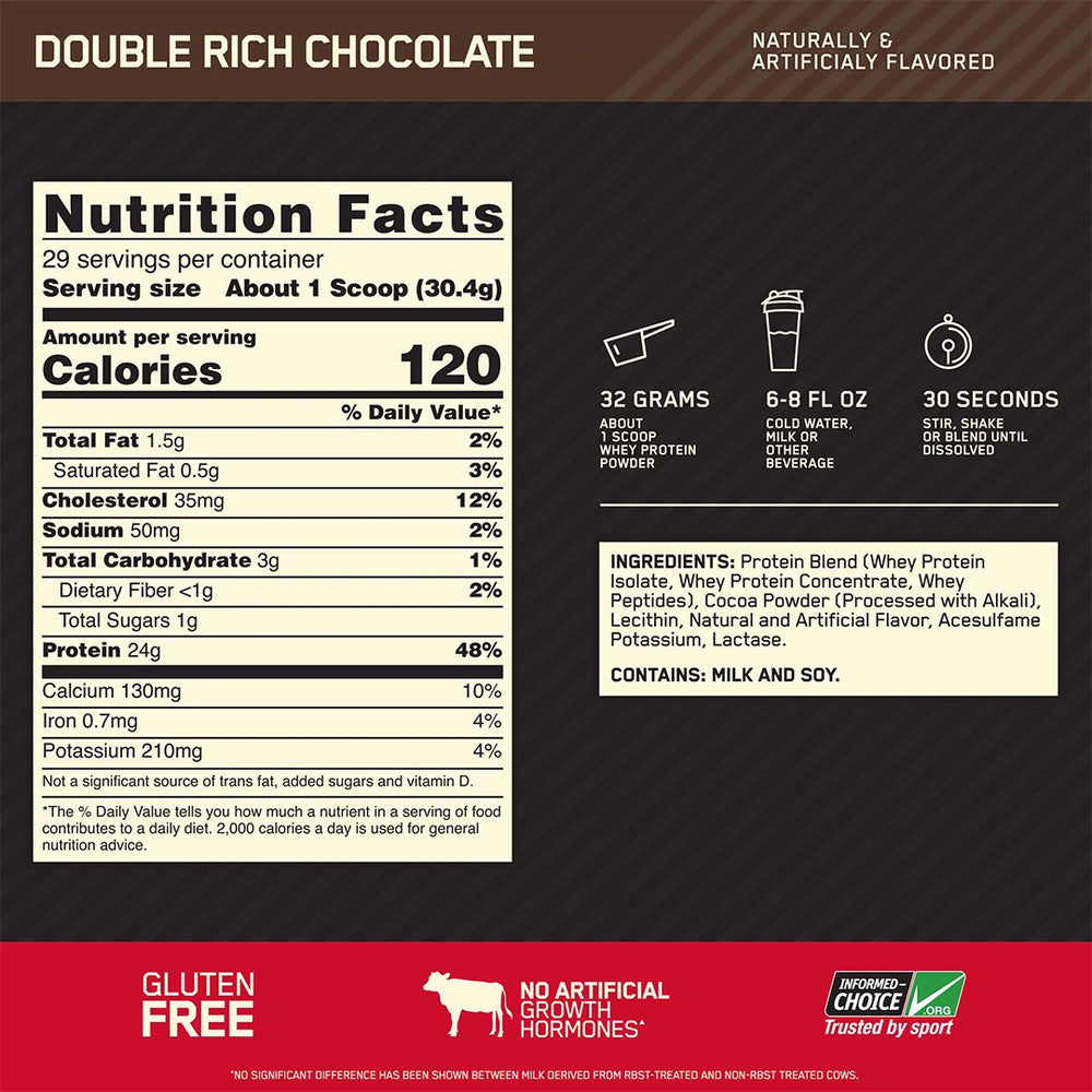 Nutrition and supplement facts of Optimum Nutrition Whey Protein 10 Lbs available at Fitzone.pk