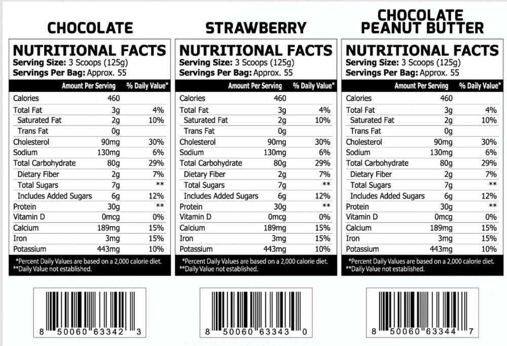 Supplement facts of ProScience Anabolic Mass 15lbs showing calories, protein, and carbohydrates per serving for muscle gain and energy support