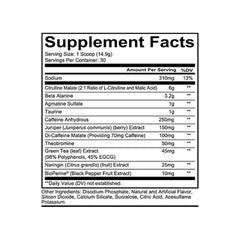 Supplement facts label with various ingredients and their amounts on a white background