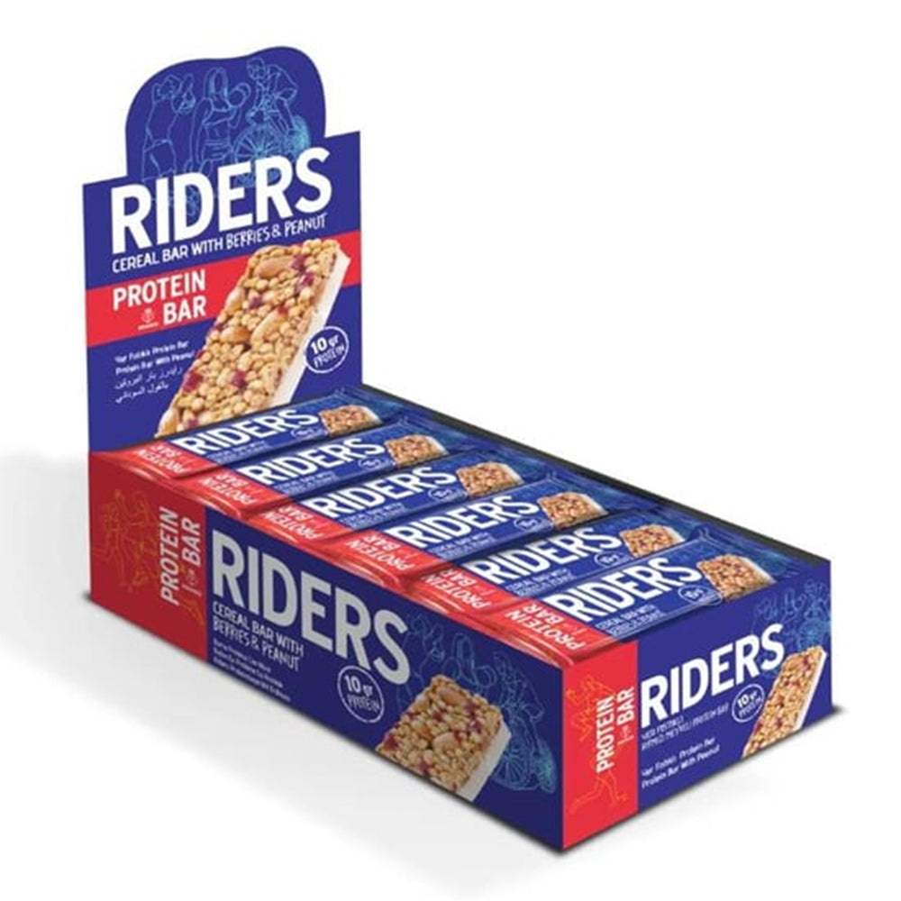 Box of Riders protein bars with a white background