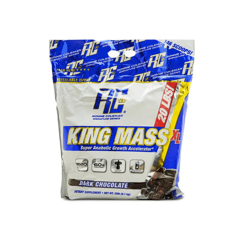 A chocolate flavored scoop of Ronnie Coleman King Mass XL, which is a high-calorie weight gainer supplement.