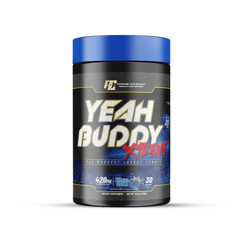 A container of Ronnie Coleman Yeah Buddy Xtreme pre-workout supplement with 30 servings, featuring a black and blue label design.