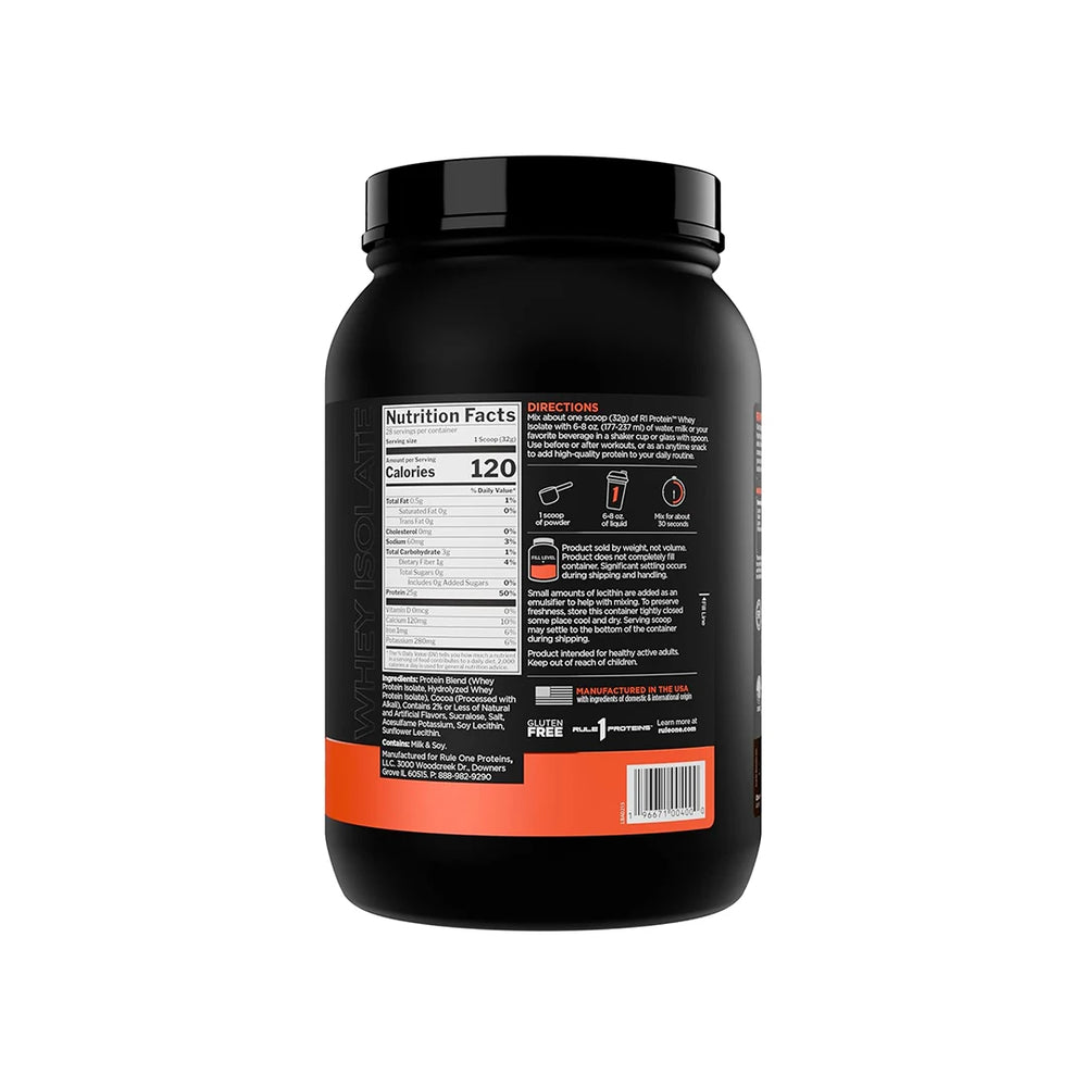 Black Rule 1 Whey Isolate container with nutrition label on a white background