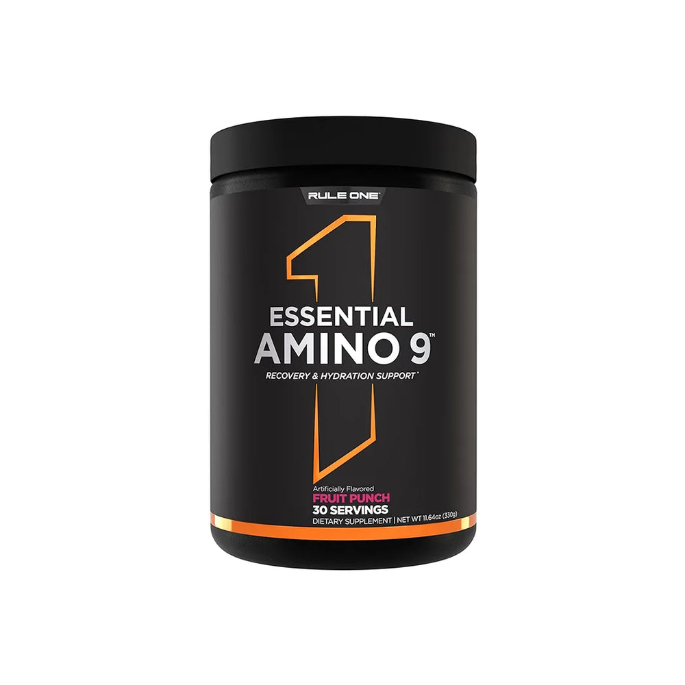 Black supplement container labeled 'Essential Amino 9' by Rule One on a white background