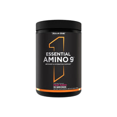 Black supplement container labeled 'Essential Amino 9' by Rule One on a white background