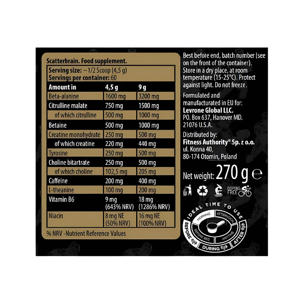 Nutritional label on a supplement container with black and gold design.
