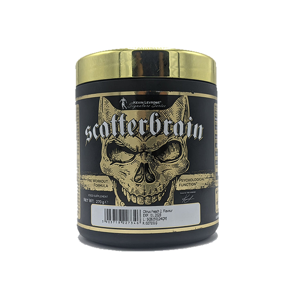 Supplement container labeled 'scatterbrain' with a skull design on a white background