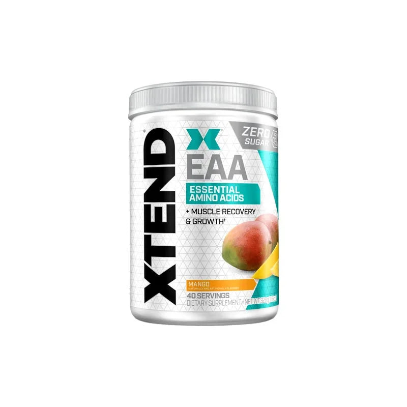 Nutritional label of Scivation Xtend EAA 40 servings showing EAA content, ingredients, and dosage information for recovery and performance.