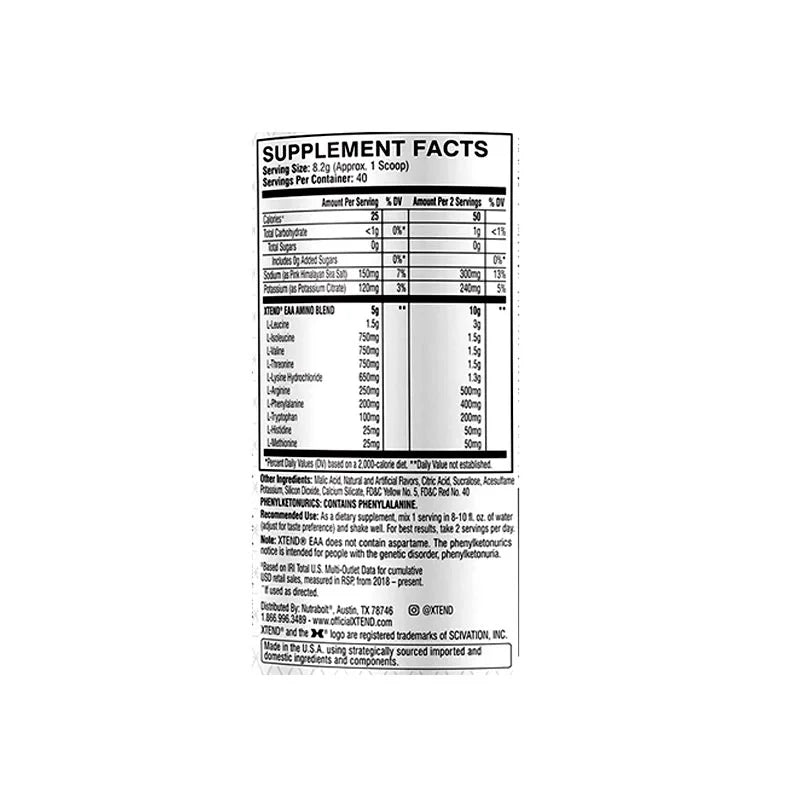 Nutritional facts of Scivation Xtend EAA showing 7g EAAs, 0 sugar, electrolytes, and full amino acid profile per serving for muscle recovery and hydration.
