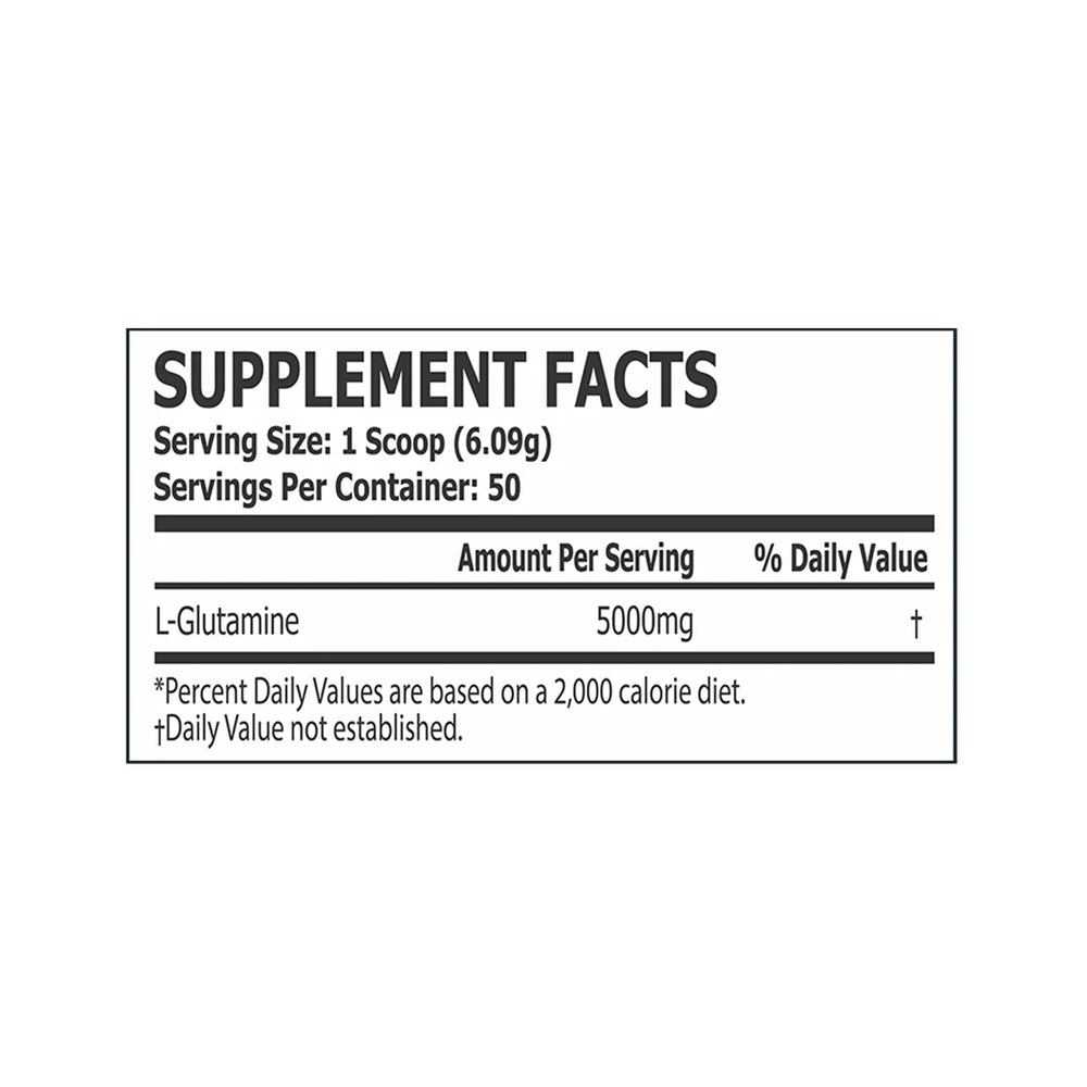 Supplement facts label for L-Glutamine with serving size and container information.