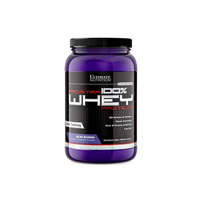 Ultimate Nutrition Prostar Whey Protein 2lbs jar showing label and ingredients for muscle growth and recovery