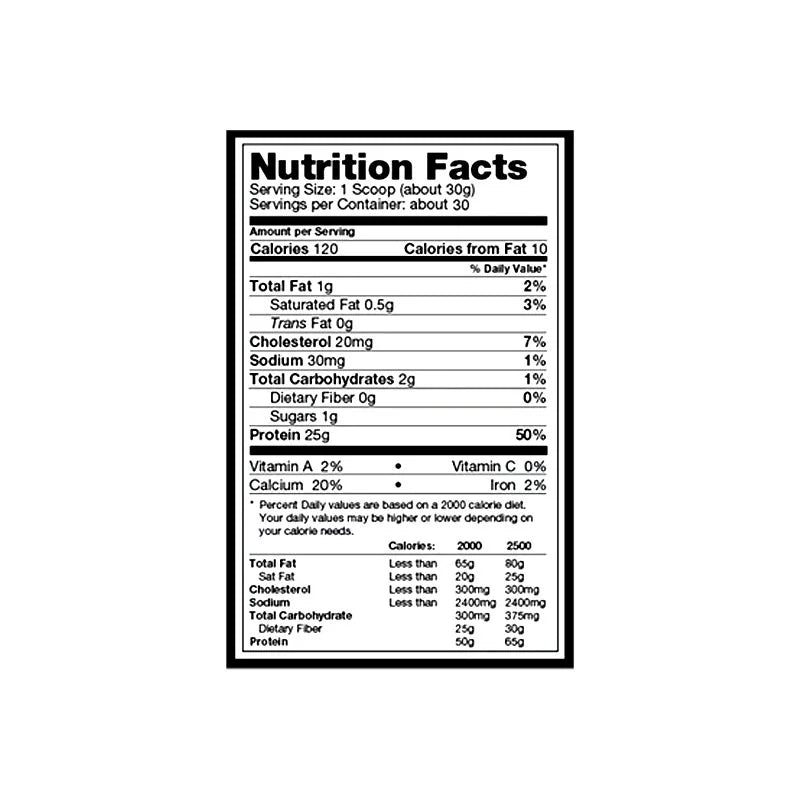 Nutritional information label of Ultimate Nutrition Prostar Whey Protein 2lbs showing calories, protein, BCAAs, and amino acid profile