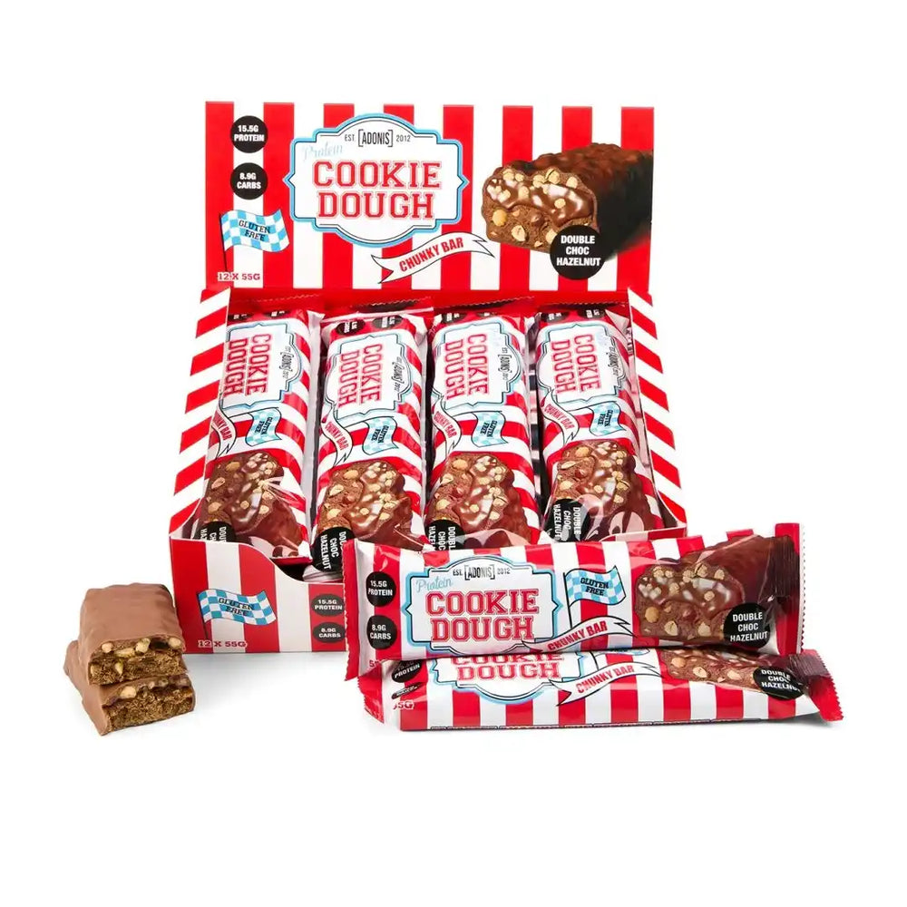 Adonis Protein Cookies Dough Bar unwrapped showing hazelnut cookie dough center
