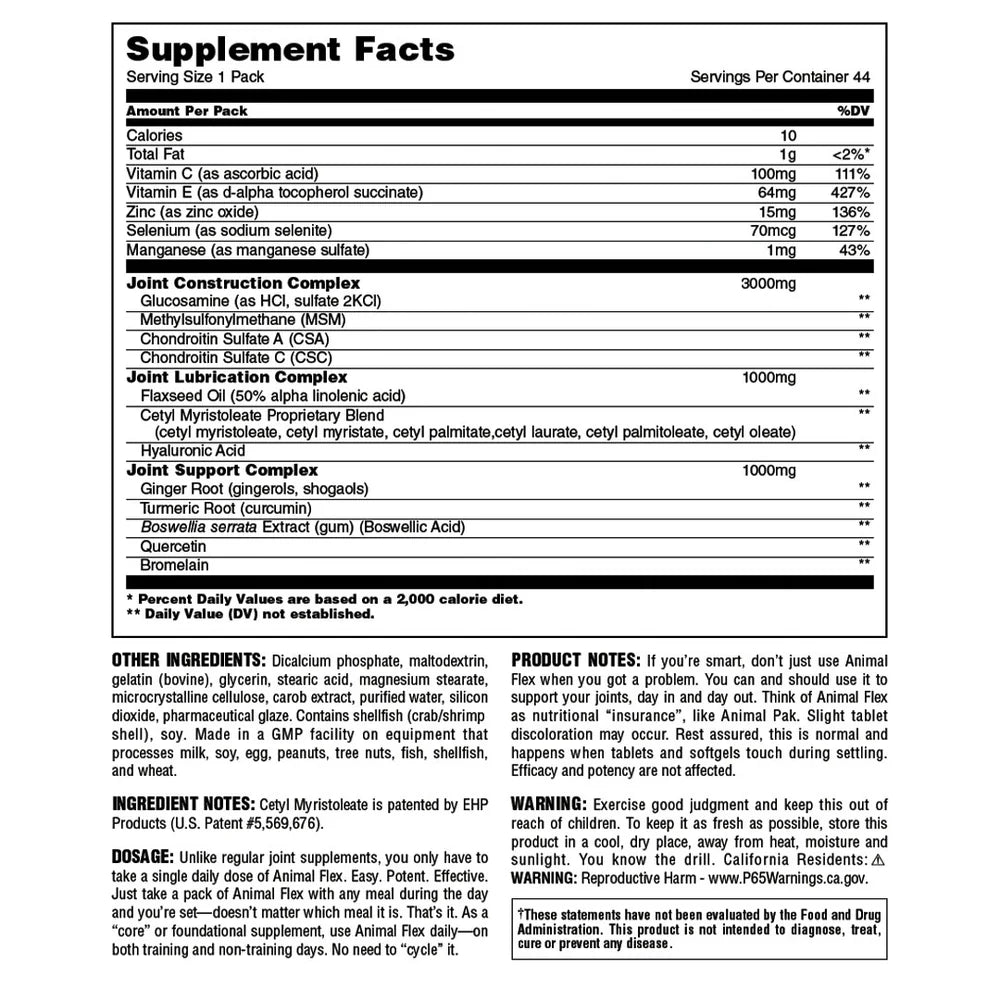 Animal Flex supplement facts panel