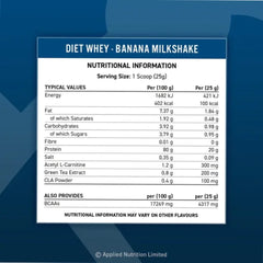 Applied Nutrition Diet Whey 2kg supplement facts label, 20g protein CLA L-Carnitine Green Tea