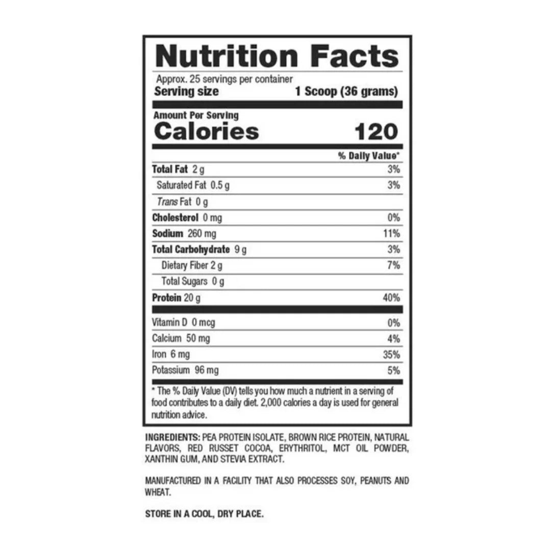 BPI Sports Vegan Protein Chocolate tub 1.9 lbs Nutrition facts label