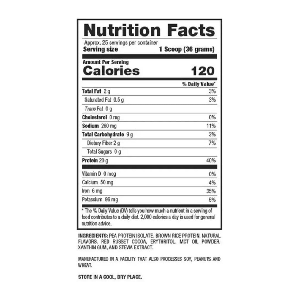 BPI Sports Vegan Protein Chocolate tub 1.9 lbs Nutrition facts label
